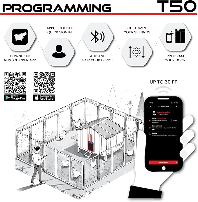 RUN-CHICKEN Door T50 – Automatic Chicken Coop Door Opener, Battery Powered & Weatherproof Aluminum, Smart App & Timer Control, Predator Proof, Easy Install, Reliable All-Season Performance (USA)