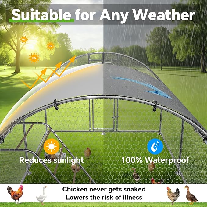 Large Metal Chicken Coop with Weatherproof Cover and Multi-Purpose Chicken Run for Chickens, Ducks, Rabbits, Farm and Yard Animal Pen (10’ W X 19.7’ L X 6.4’ H, Dome Roof)