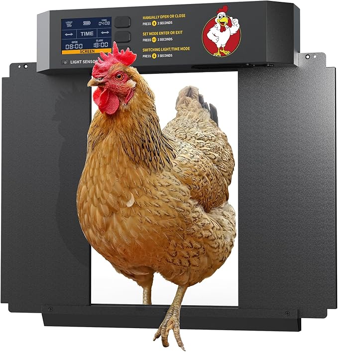Chicken Coop Door, Automatic Chicken Coop Door Opener, Large LCD Display with Timer & Light Sensor, Anti-Pinch Protection
