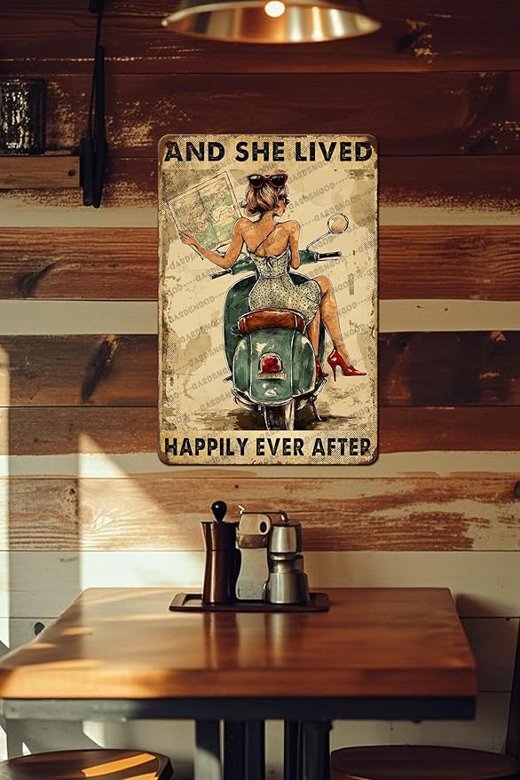 And She Lived Happily Ever After Motorbike Ancient Bike Metal Wall Art Metal Signs For Decor Vintage Wall Decor 16x12 Inch