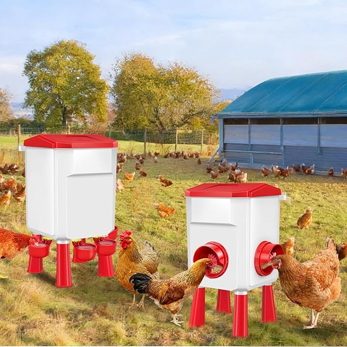 Chicken Feeder and Waterer Set with 2 Gallon/17.6 Pounds, Automatic Chick Feeder and Waterer Set No Waste， Poultry Feeder Large for Hens/Ducks/Poultry