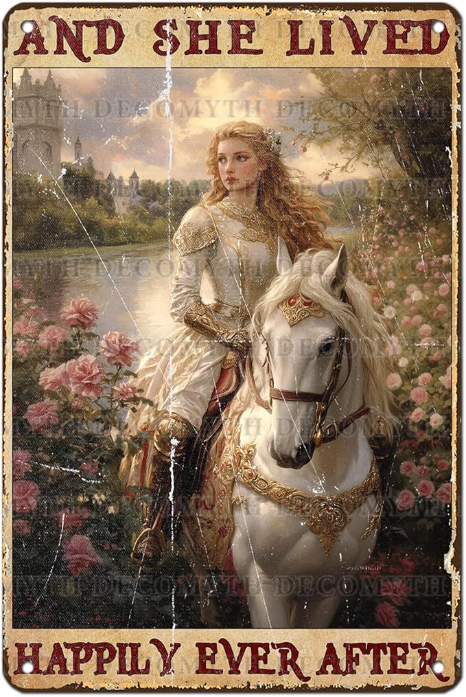 Vintage Horse Tin Sign And She Lived Happily Ever After Retro Girl Metal Poster Funny Pet Lovers Wall Art Cafe Wall Decor for Kitchen Office Garden Plaque Home Bar Plub Club Shop 12 * 8inch