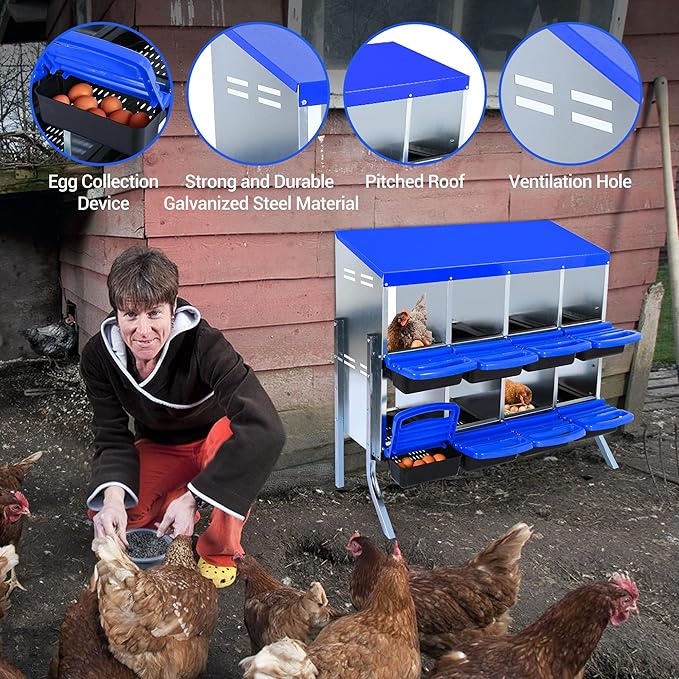 Chicken Nesting Box 8-Hole Roll Away Egg Laying Box with Lid & Stand, Galvanized Steel Rustproof Poultry Coop Box, Easy Clean, Wall Mountable No Bracket Needed for Hens, Blue