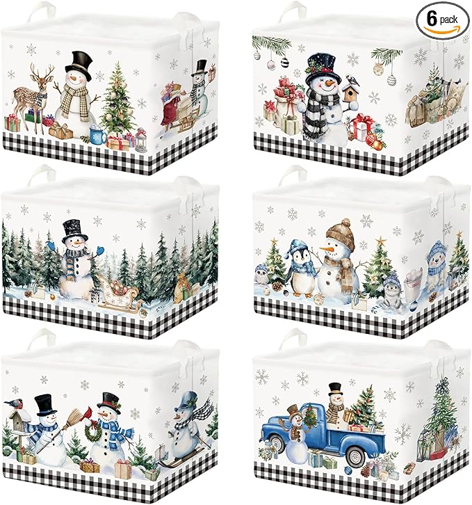 CHENGU 6 Pack Winter Storage Basket Collapsible Winter Basket for Gifts Buffalo Plaid Holiday Decor Large Snowman Bin Foldable Tree Box with Handle for Bedroom Office Home