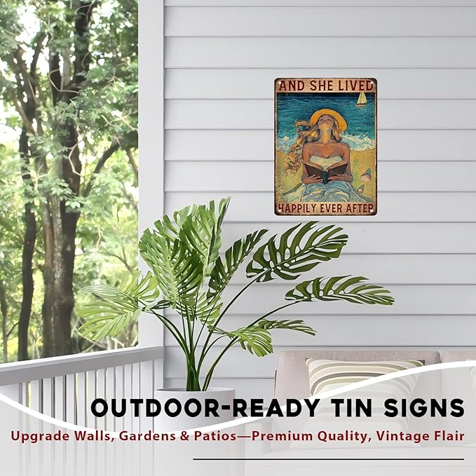 Vintage Inspired Quote Metal Tin Sign And She Lived Happily Ever After Rustic Home Decor For Cozy Corner Bookstore Cafe Girls Room Storybook Theme 12x16inch