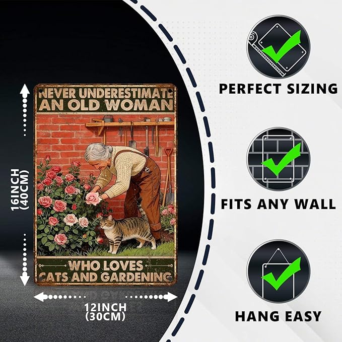 Vintage Garden Tin Sign Never Underestimate Old Lady Who Loves Cats And Gardening Retro Metal Sign Rustic Nostalgic Wall Decor For Home Garden Plaque Yard Patio Porch Living Room 16 * 12 In