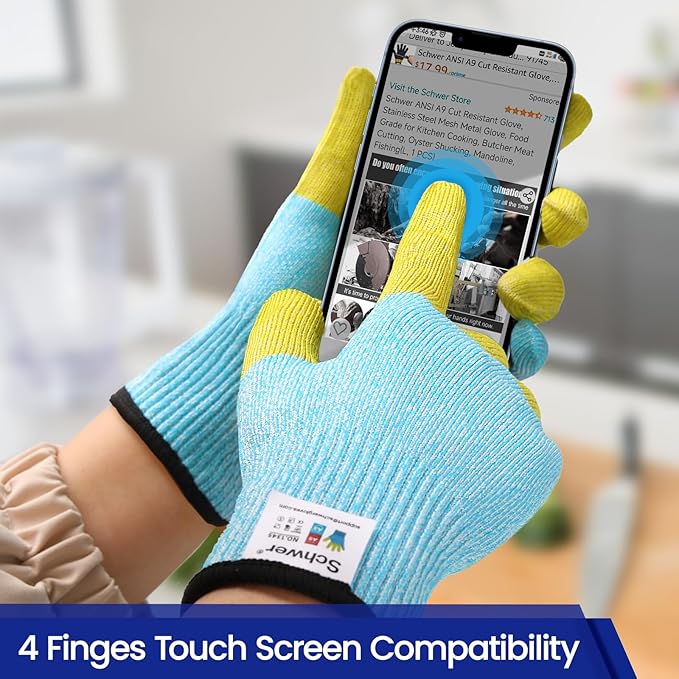 Schwer SlicePro Patented Cut Resistant Gloves AR1345 with ANSI A9 Reinforced 4 Fingers, Food Grade & Touch Screen Cutting Gloves Without Fiberglass, Suit for Kitchen Meat Cutting, Oyster Shucking, S