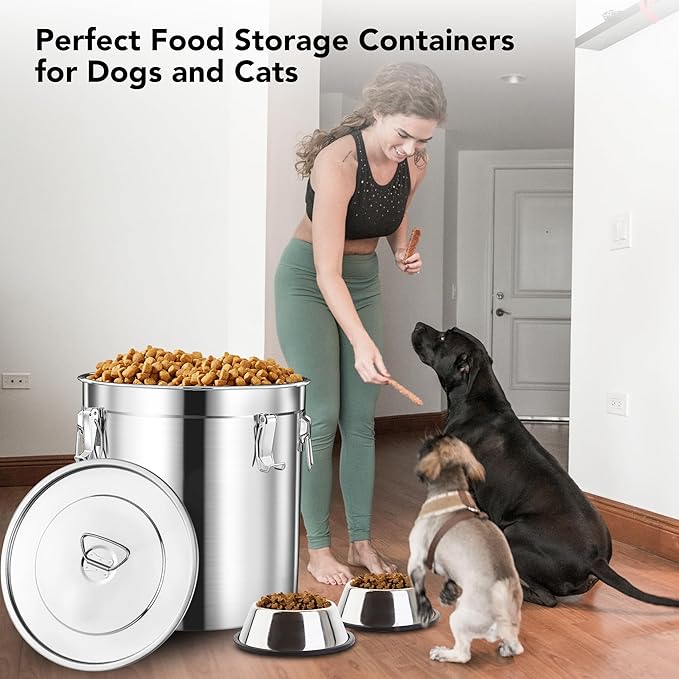 Newget Dog Food Storage Containers, Large Stainless Steel Pet Food Storage Containers 38 lb / 17 kg to Keep Fresh, Metal Airtight Cat Food Containers With Scoop and 2 Small Containers