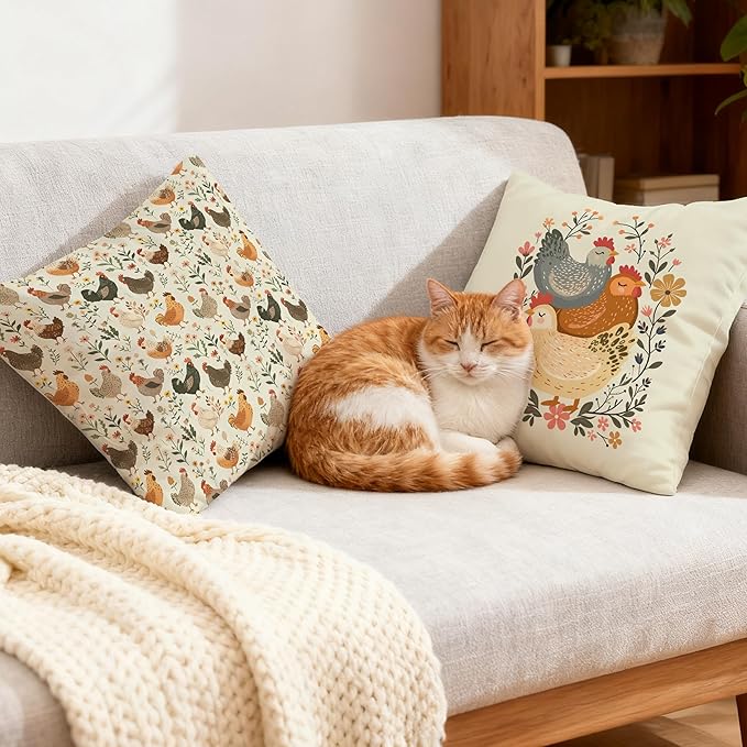 Rustic Floral Chicken Pillow Covers 18x18, Chicken Lover Lady Mom Gifts, Cottagecore Flower Farmhouse Hen Decorative Throw Pillow Covers for Home Bedroom Living Room, Set of 2