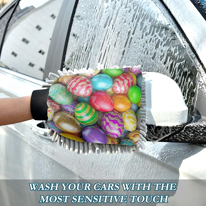 Wash Mitts Car Washing Absorbent Chenille Microfiber Mitts Car Cleaning Tools Scrub Pad Scratch Free Soft Colorful Easter Eggs, Large x 2 Pack