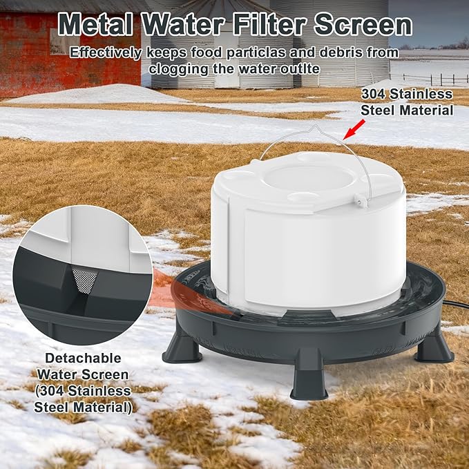4.28L Heated Chicken Waterer for Winter, 84W Freeze-Proof Chicken Water Heater with Thermostat Control, Heated Poultry Waterer for Chicks Turkey Goose Duck Pigeon, Detachable Legs,Hanging/Standing Use