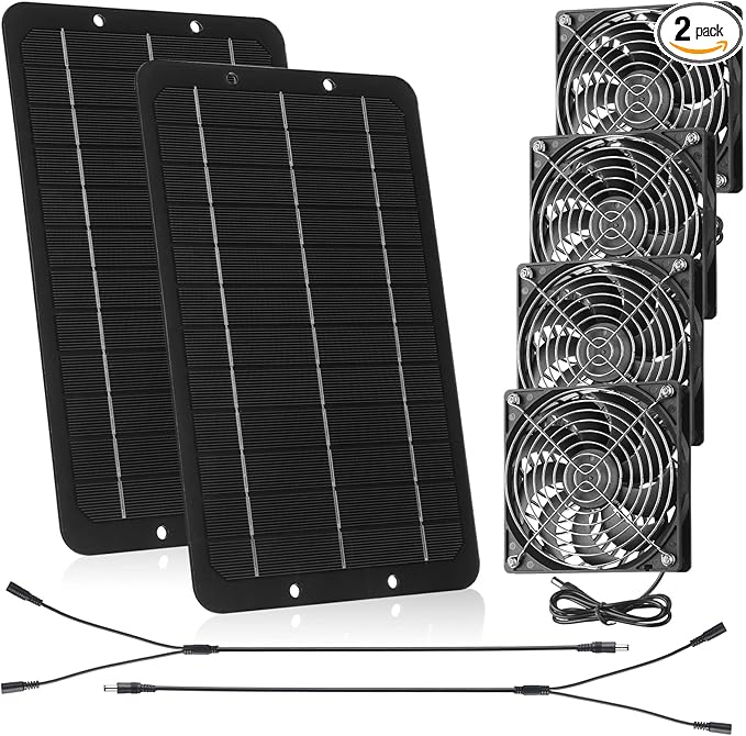 Riakrum Solar Powered Fan Solar Panel Dual Fans Kit 10w 12v Exhaust Fan Outdoor Waterproof for Greenhouse Chicken Coop Pet House Sheds Window(2 Set)
