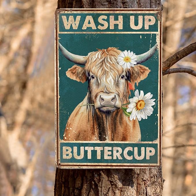 Highland Cow Vintage Metal Poster Wash Up Buttercup Sign Decor-Retro Funny Cow Wall Art Metal Tin Sign Bathroom Home Hanging Decor Funny Toilet Metal Sign Bathroom Wall Art, 12''x 8''