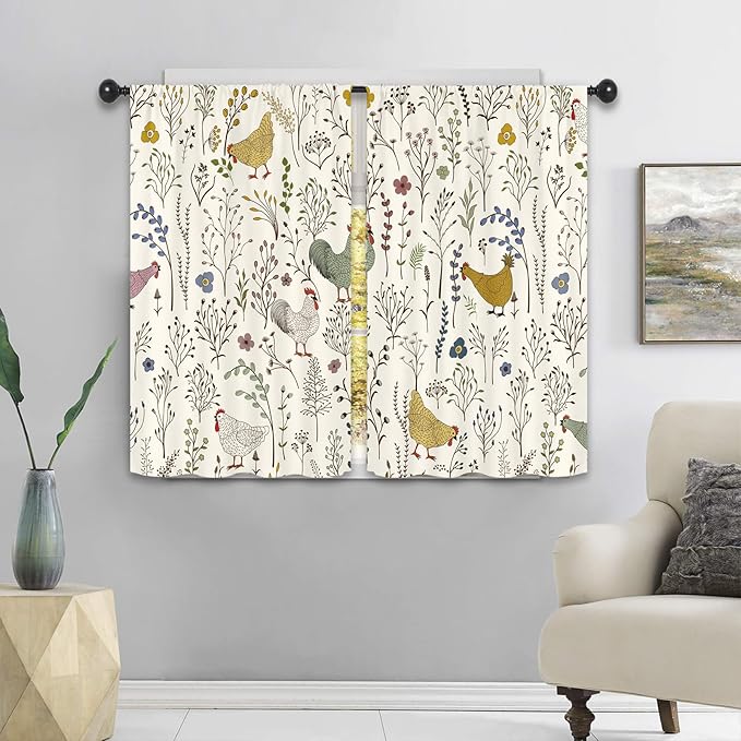 Rooster Chicken Leaves Kitchen Curtains 27.5W x 39L Inch Plant Botanical Rustic Farmhouse Cottagecore Rod Pocket Short Small Window Treatment Drapes Decor 2 Panels