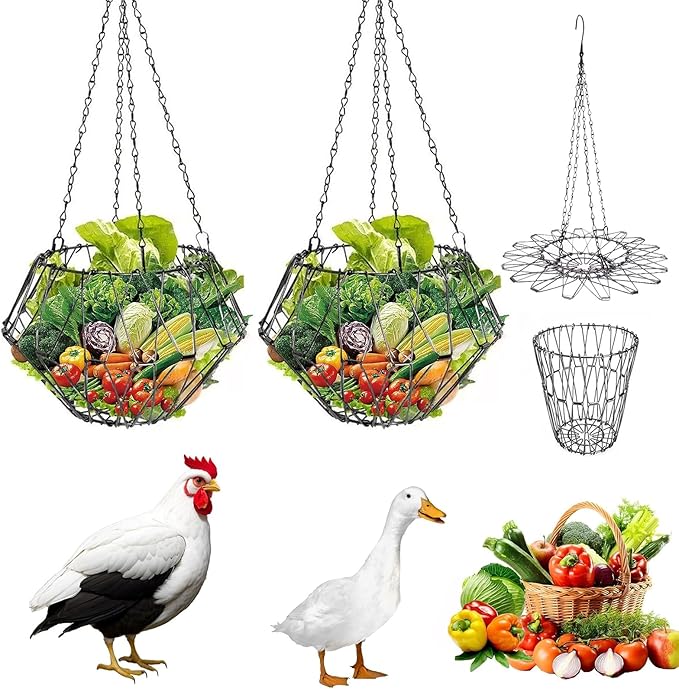 Hanging Chicken Feeder,Foldable Large Poultry Accessories Vegetable Fruits Feeder Basket with 4 Firm Hanging Chain and Hook,Chicken BoredomToys for Coop (2 Pack)