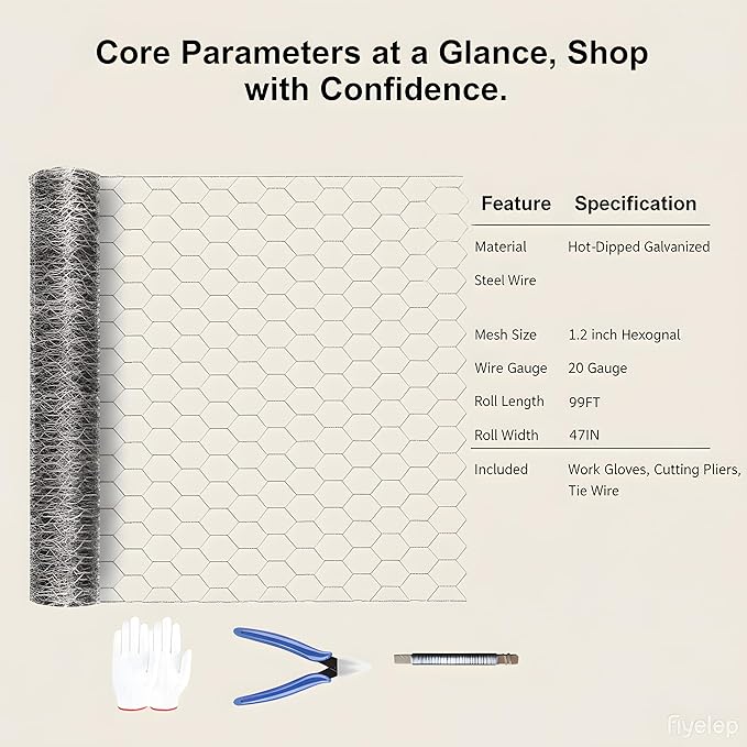(47 inches x 99 feet) No. 20 Hexagonal Galvanized Metal Mesh, Chicken Wire Fence, Poultry Protective Netting, Cut-to-Size, Weather-Resistant, Includes Gloves, Pliers, and Wire