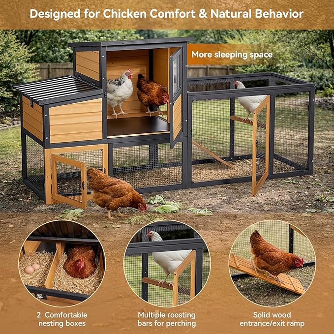 PETSFIT Wooden Chicken Coop for 2-4 Chickens, Backyard Coop with Run, 2 Nesting Boxes and 2 Roost Bars,PVC Windows, Easy-Clean 3-Door Access,Weather-Resistant PVC Roof, 6 Ground Stakes