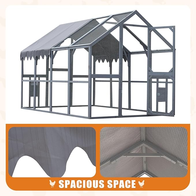 KEIKI 110" L Outdoor Large Chicken Coop with Waterproof Cover, Wire Mesh & 2 Lift Small Doors with Locks, Wood Chicken Coop House with Run for Cat Kitten Playpen, Duck, Rabbit, Quail