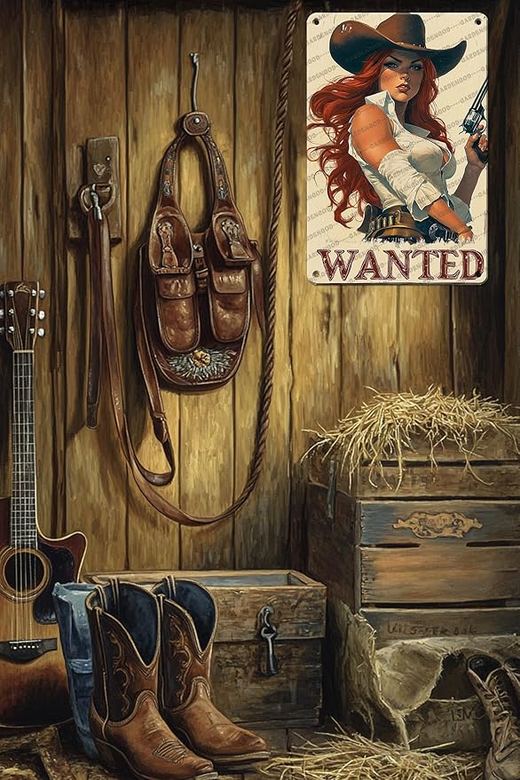 HARIKUIYIN Rustic Cowgirl Metal Tin Sign Wall Art Retro Western Decor Wanted Pin Up Girl Sign 16x12 Inch