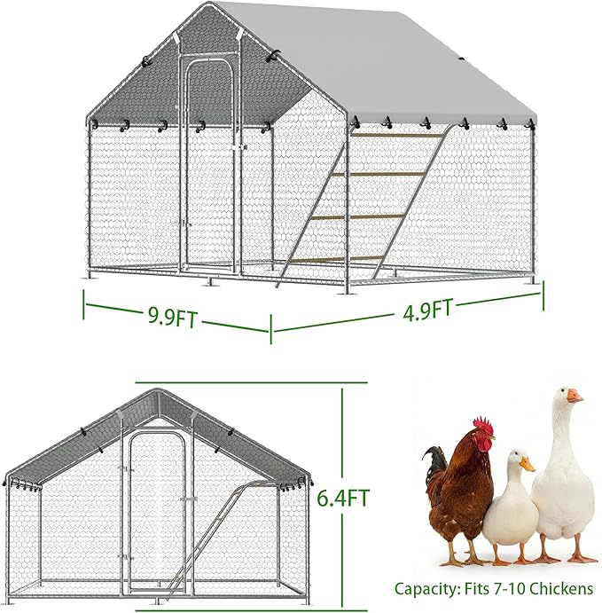 Large Metal Chicken Coop with Roosting Perch, UV-Resistant and Waterproof Cover, Chicken Run Outdoor Walk-in Cage Rabbit Duck Hen House for Yard Farm Use Spire Roof (10’ W x 4.9’ L x 6.4’ H)