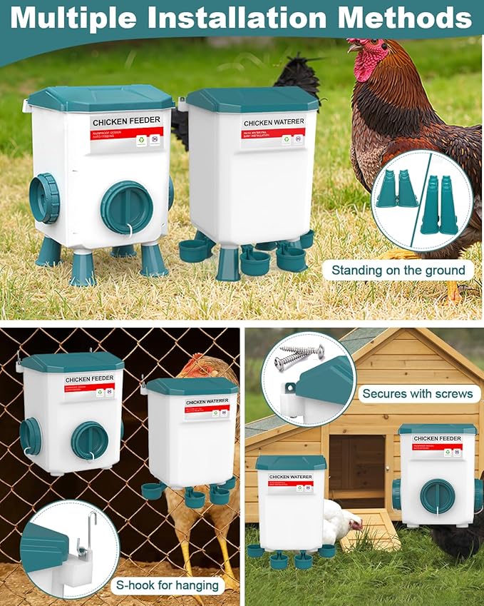 Chicken Feeder and Waterer Set, 3 Gallon/26.5 Pounds, Automatic Chicken Feeders and Chicken Waterer, Detachable for Chickens, Duck & Quail Coop Use, Outdoor Farm & Backyard (Lake Blue)