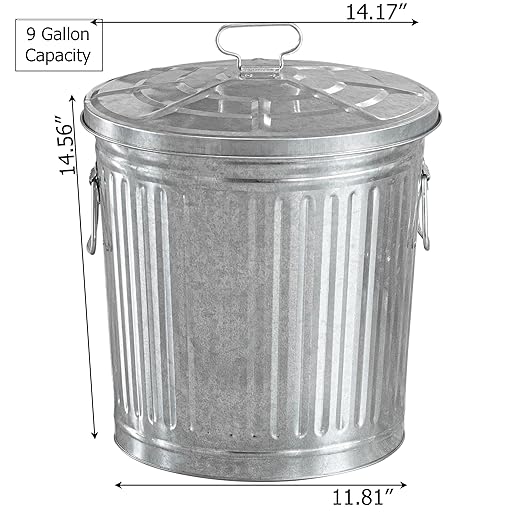 Gardenised Round Galvanized Steel 9 Gallon Trash Can with Lid and Handles Durable Metal Storage Bucket for Backyard Lawn Garden and Yard Use Weather-Resistant Garbage Can for Indoor and Outdoor