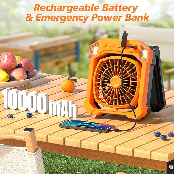 Camping Fan Battery Powered & Solar Powered, Portable Solar Fan 10000mAh Rechargeable Outdoor Fans with Light, Quiet Cordless Fans for Tent, RV, Emergency, Hiking, Power Outage, Desk, Survival Kit