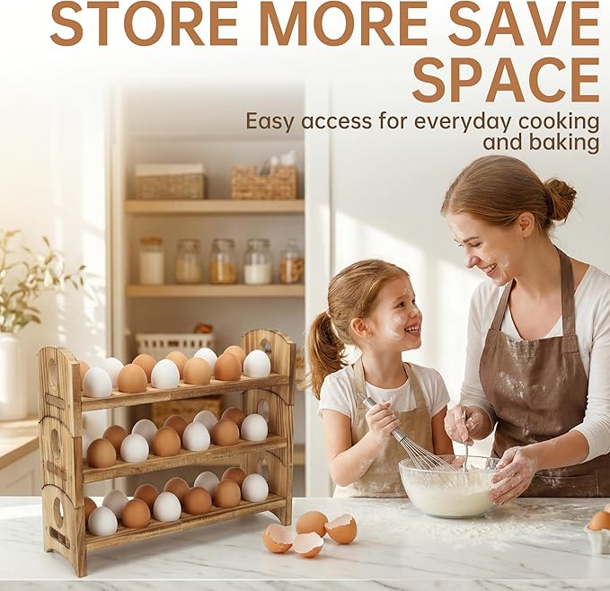 Wooden Egg Holder, 3 Tier 36 Egg Capacity, Farmhouse Egg Holder for Countertop, Stackable Egg Storage Rack for Fresh Eggs, Rustic Wooden Egg Organizer with Handles for Kitchen Counter