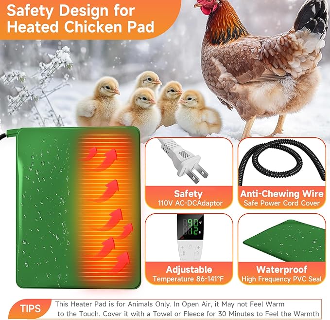 Chicken Heating Pad with Adjustable Digital Thermostat, Electric Chicken Heated Mat with Chew Resistant Cord, Waterproof Outdoor Chicken Coop Heater for Baby Chicks, Brooder Heater Warming Pad, Green