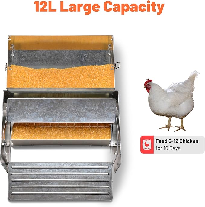 Yescom 26lbs Automatic Treadle Chicken Feeder Portable with Lock Rat Proof Weatherproof Galvanized Steel Trough Poultry Farm Tank 12L for 6-12 Chicken 10 Days