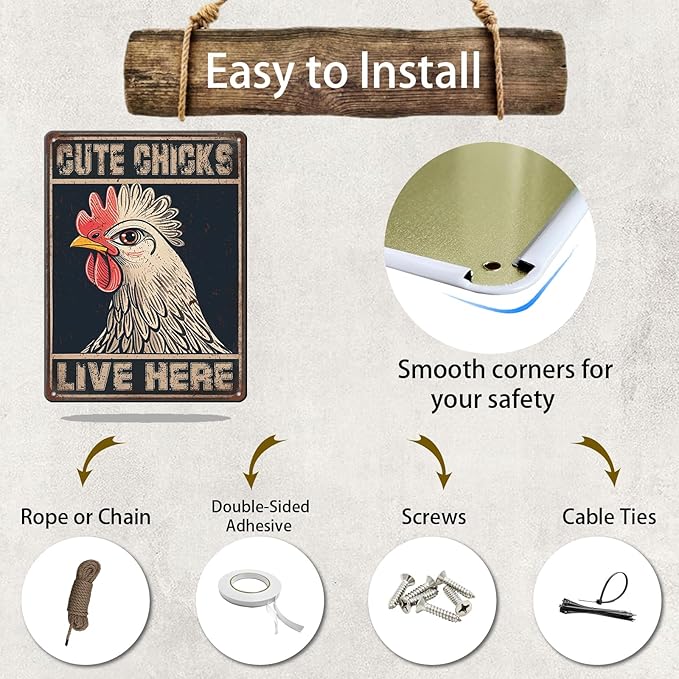 Chicken Signs For Coop Funny Outdoor - Cute Chicks Live Here Iron Sign Poster Chicken Sign Home Decor Garage Bar Restaurant Kitchen Cafe Bar Pub 12x16 Inch Wall Art Decor