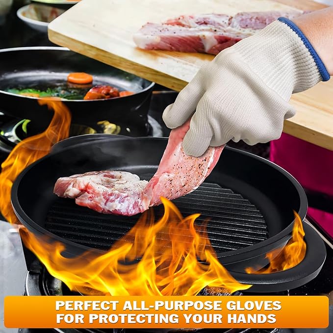 2 Pairs Heat Resistant Gloves for Grilling - 9.45 Inch Durable Aramid Oven Gloves with Fingers - Full Hand Protection, Functionality, Easy to Use, Multipurpose for Baking, Roasting, Frying, and More