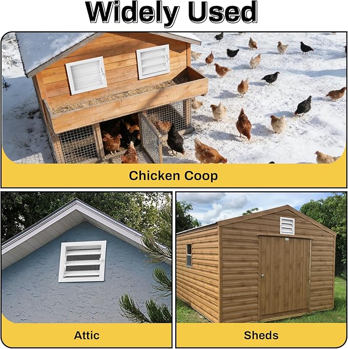 2 Pack Air Vent Louver for Chicken Coop, 12" x 12" Adjustable Chicken Coop Window with Screen Mesh, Metal Louvered Exhaust Grille for Ventilation of Poultry Habitat, Shed, Attic