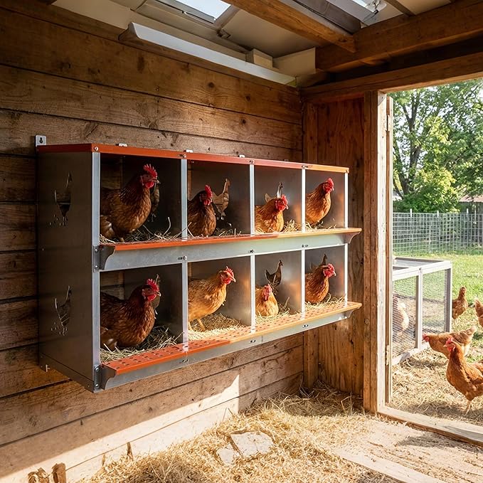 Chicken Nesting Boxes 8 Hole Roll Away Nesting Boxes with Vented Holes & Soft Nesting Pads Wall Mountable Laying Boxes for Hens Easy Egg Collection for Chicken Coop, Backyard, Farms, Orange