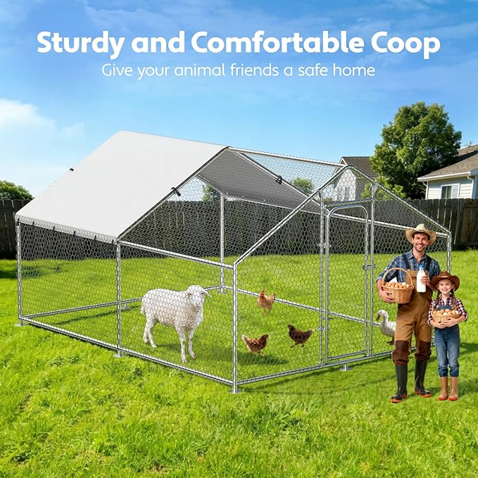 Large Metal Chicken Coop with Waterproof and UV-Resistant Cover, Outdoor Walk-in Cage Hen House for Yard Farm Rabbit Duck Chicken Run Spire Roof (10’ W x 13.2’ L x 6.4’ H)