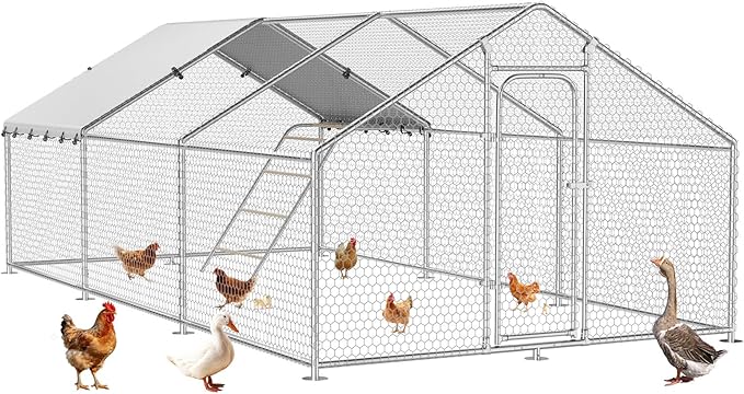 Large Metal Chicken Coop with Roosting Perch, Waterproof and UV-Resistant Cover, Outdoor Walk-in Cage Hen House for Yard Farm Rabbit Duck Chicken Run with Spire Roof (10'W x 19.7'L x 6.4'H)