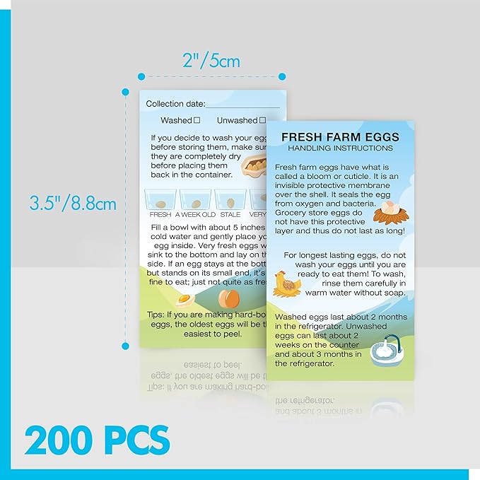 200 PCS Fresh Farm Egg Handling Instruction Cards, Double-sided Printing Egg Carton Stamp Bulk with Washed/Unwashed Fresh Egg Care Accessories Card Labels for Farm Fresh Eggs (3.5” x 2”, Rustic Style)