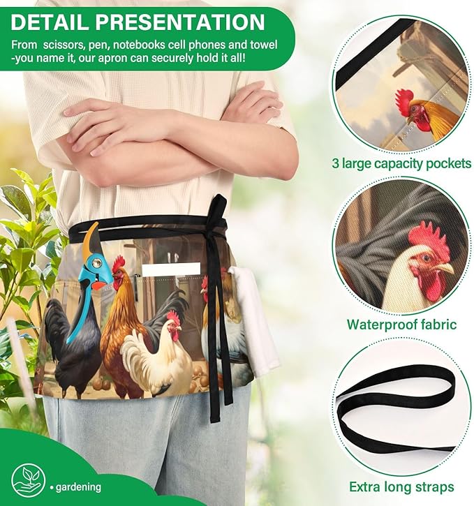 Farm Chicken House 3-Pocket Server Apron Professional Waist Apron for Waitress, Bartender & Restaurants, Water-Resistant Half Apron for Men Women