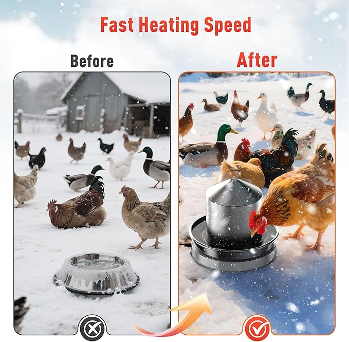 Chicken Water Heater for Winter, 110W Heated Poultry Waterer Base with Thermostat, 11 Inch Poultry Winter Deicer Heated Base with 9.8ft Power Cord (Silver)