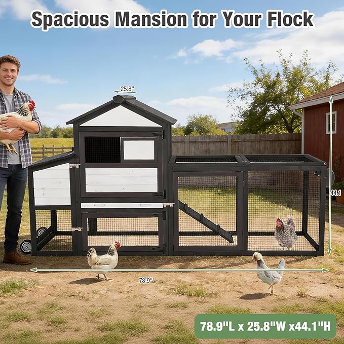 Mobile Chicken Coop Wooden with Wheels, Expandable Outdoor Chicken Tractor with Nesting Box & Pull-Out Tray, Easy-Clean Poultry Coop for 2–3 Chickens & Ducks