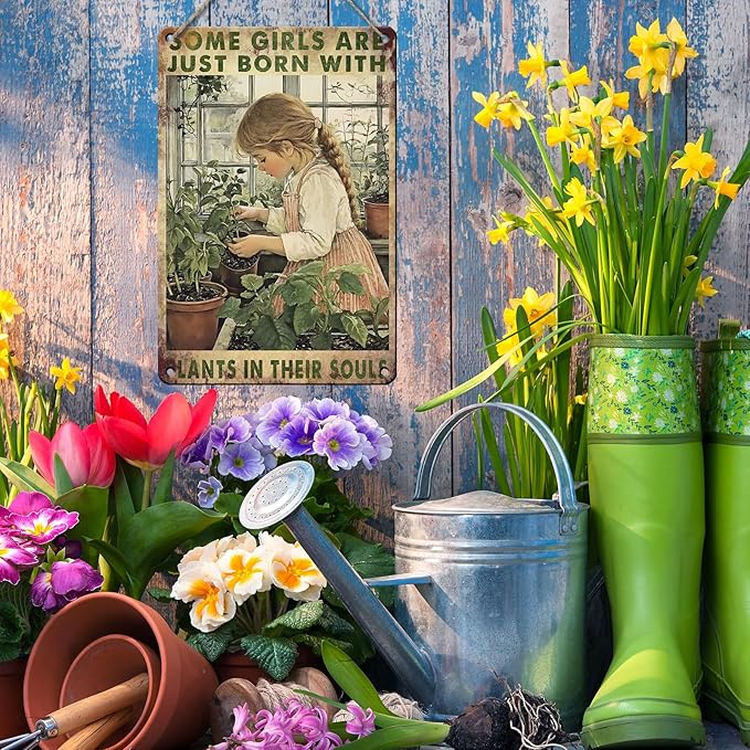 PEACHGARDEN Garden Decor Outdoor Metal Sign Some Girls are Just Born with Plants Retro Poster Tin Sign for Home Planting Room Yard Patio 8x12inch