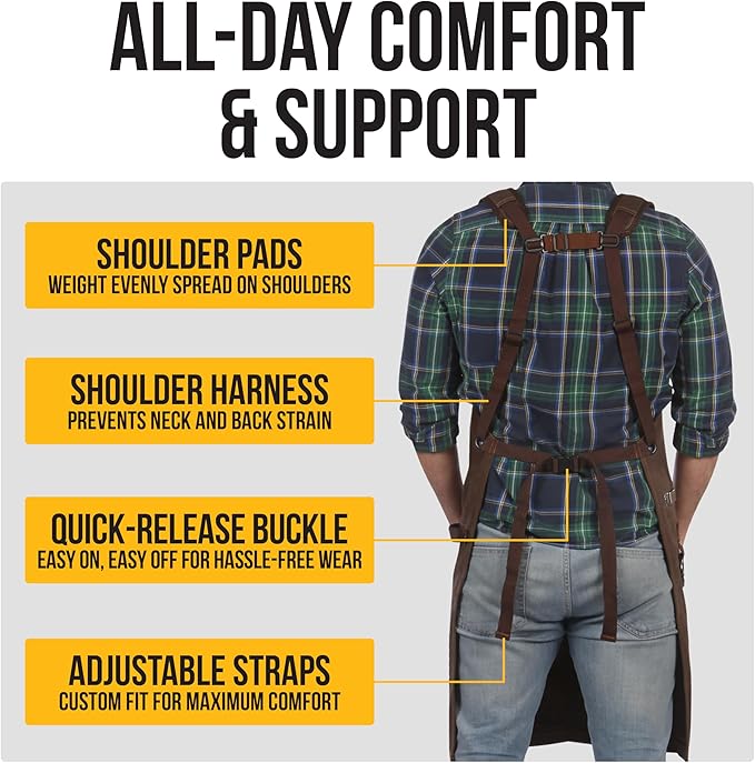 ecoZen 16oz Waxed Canvas Work Apron with Tape Holder - 27 x 34 inches Shop Apron with Elastic Back Strap and Front Pockets, Fully Adjustable, Tough Protection for Men - Brown