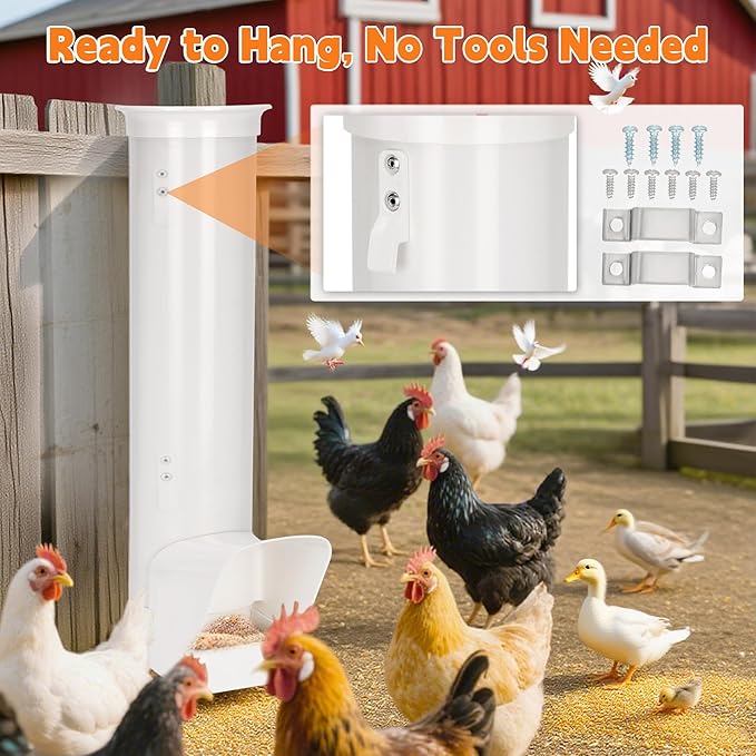 2026 Automatic Chicken Feeder Outdoor, Large Capacity PVC Pipe Hanging Chicken Coop Feeder, with Cover, No Waste and Rainproof Design, Used for Long-Term Feeding of Chickens