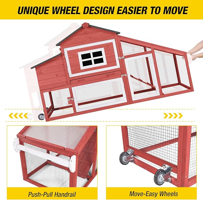 Aivituvin Chicken Coop Outdoor with Wheels, Mobile Hen House Wooden Poultry Cage with Run & Waterproof Roof (Red with White)