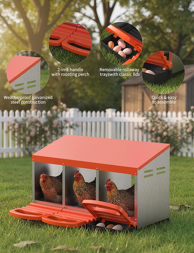 3 Room Chicken Nesting Boxes, 3 Compartment Metal Rollaway Nesting Box for Laying Hens with Cleanable Pull-Out Trays Wall Mount or Placed Design for Chicken Egg Layers