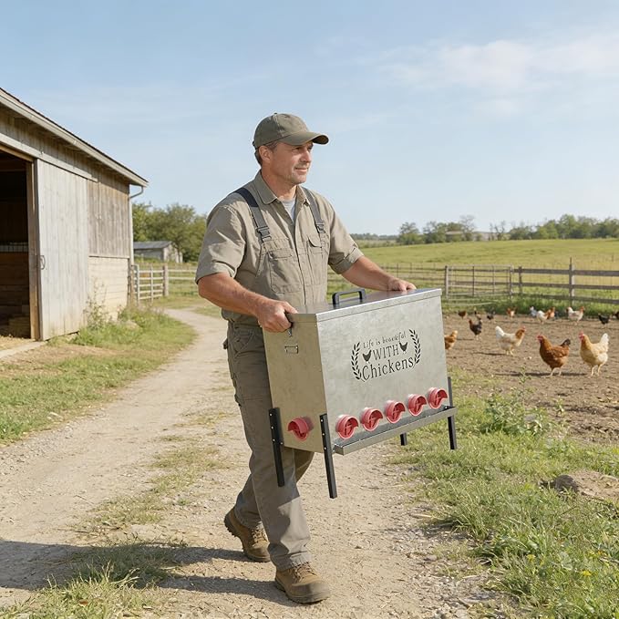 170 LB Automatic Chicken Feeder 12 Port Large Metal Poultry Feeders Box Feeder with Adjustable Height, Locking Lid & Handles,Rustproof Feed Box for Poultry & Backyard Chickens