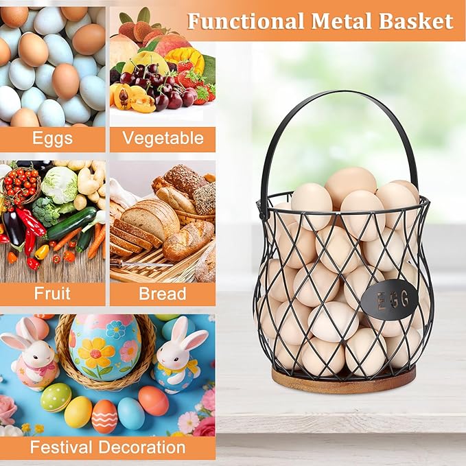 Chicken Egg Basket With Handle, Egg Baskets for Gathering Fresh Eggs, Wire Basket with Wooden Base for Farmhouse Coops, Round Chicken Baskets, Rustic Vintage Kitchen Decor Holder(Style 3)