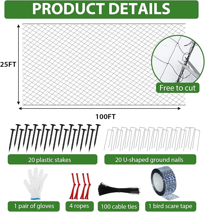 Unves Bird Netting 25' x 100' with 2.4" Square Mesh Bird Net for Chicken Coop Roof, Nylon Multifilament Heavy Duty Poultry Netting for Garden Protect Plants and Vegetables Against Birds, Deer