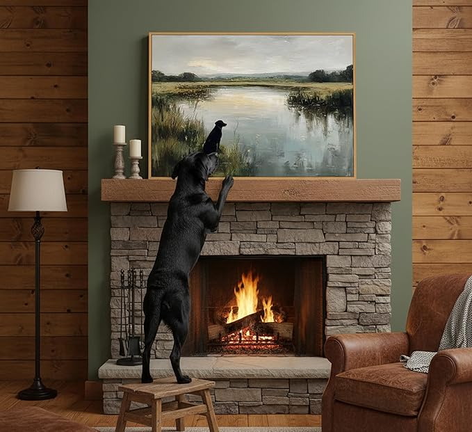 Framed Vintage Black Labrador Wall Art Farmhouse Landscape Canvas Poster Print Hunting Black Dog Picture Retro Animal Painting Artwork Wall Decor for Bedroom Living Room Bathroom 16x24in