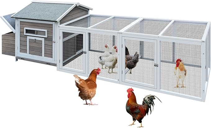 118'' Large Chicken Coop with Run, Wooden Duck Hen House for 3-5 Chickens, Outdoor Chicken Run Poultry Rabbit Cage with Nesting Box, Free-Range Door & Pull-On Tray Gray